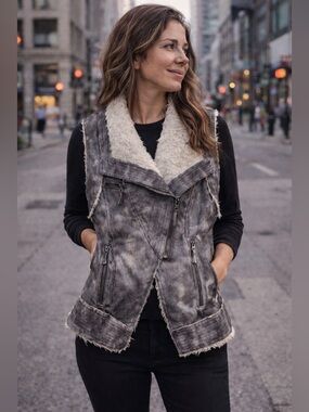 Sherpa Moto Vest Asymmetrical Zip Gray Faux Shearling Edgy Urban Layering Small